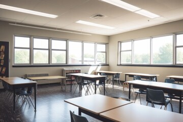 Poster - empty classroom with windows and natural lighting for a warm, welcoming learning space, created with generative ai