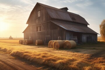 Canvas Print - rustic barn with bales of hay and golden sunlight streaming in the windows, created with generative ai