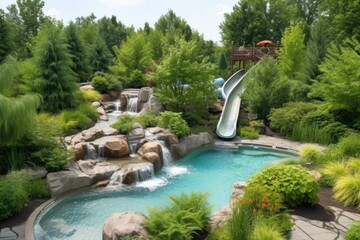 Wall Mural - water park with water slide and waterfall surrounded by greenery, created with generative ai