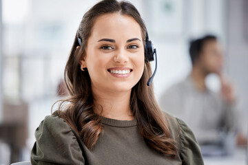 Leinwandbilder - Portrait, call center and business woman smile for customer service, support or contact us. Telemarketing, face and happy female sales agent, consultant or employee in office for consulting career.