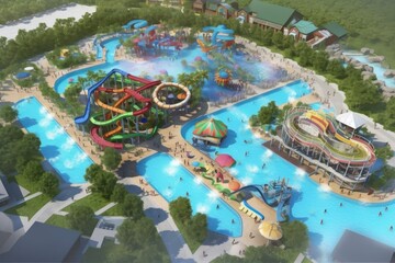 Poster - water park with a variety of rides and slides, including water slide, lazy river, tube slide and wave pool, created with generative ai