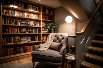 Wall Mural - cozy reading nook with armchair, bookshelf, and good lighting, created with generative ai