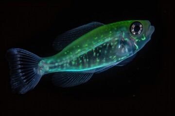 Poster - deep-sea fish swimming among schools of bioluminescent plankton, created with generative ai