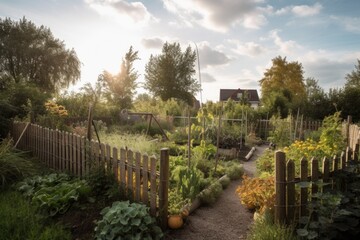 Wall Mural - permaculture garden surrounded by wooden fence and open sky, created with generative ai