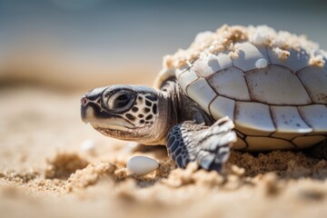 Canvas Print - young sea turtle emerging from its egg, ready to begin life in the ocean, created with generative ai