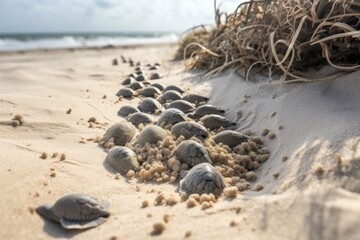 Canvas Print - sea turtle nest in the sand with eggs hatching, created with generative ai