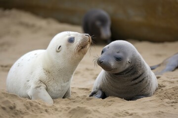 Poster - seal pup scratching its neck, while another seal pup looks on, created with generative ai