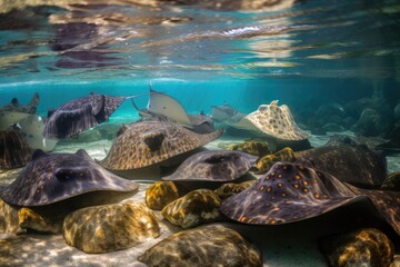 Poster - pile of rays swimming together, their colorful patterns shining, created with generative ai