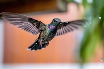 Canvas Print - tiny hummingbird learning to fly in slow motion, with its wings moving in a blur, created with generative ai