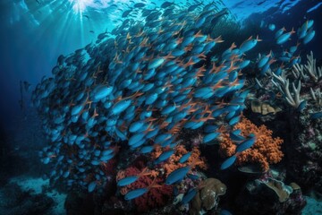 Poster - magic fish school swimming among the coral reef in stunning underwater photography and video, created with generative ai