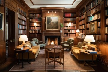 Canvas Print - wood-paneled library with bookshelves, armchairs, and fireplace, created with generative ai