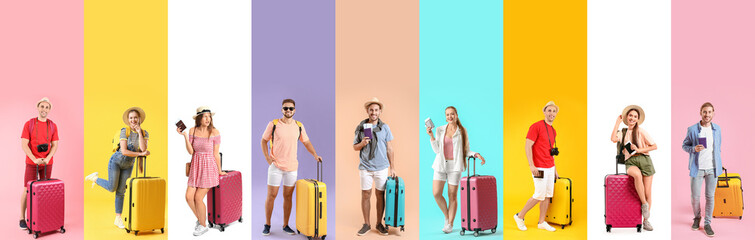 Sticker - Collage of young tourists with suitcases on color background