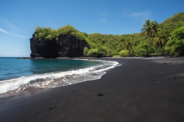 Sticker - remote island with black sand beach and crystal-clear waters, created with generative ai