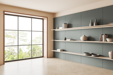 White and green living room corner with shelves and window