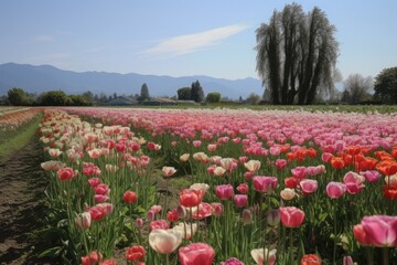 Sticker - a photo of a field with pink tulips in bloom, created with generative ai