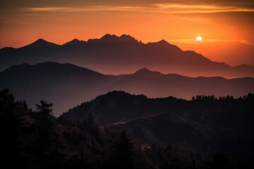 Wall Mural - alpenglow lighting up a mountain range at sunset, with the silhouettes of wildlife visible in the distance, created with generative ai