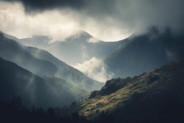 Canvas Print - abstract mountain landscape with misty clouds and sky, created with generative ai