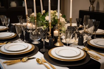 Canvas Print - classic table setting with white dinnerware, crystal glasses, and silver cutlery, created with generative ai