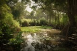 Fototapeta Pomosty - secluded wetland, hidden from view and surrounded by lush greenery, created with generative ai