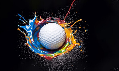 Wall Mural - Golf ball sport symbol colorful splash art illustration banner. Generative AI