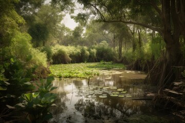 Canvas Print - secluded wetland, hidden from view and surrounded by lush greenery, created with generative ai