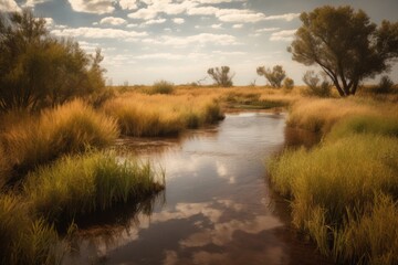 Poster - peaceful marsh, with slow-moving stream and gentle breeze, created with generative ai