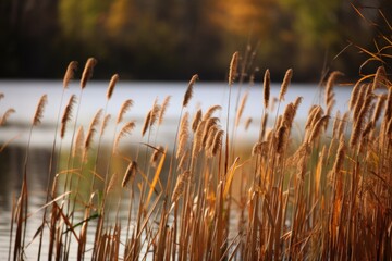 Poster - cattails waving in the wind on marshy lake, created with generative ai