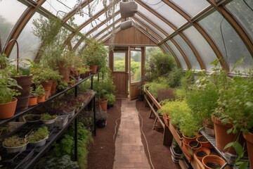 Poster - greenhouse with herbs and spices growing in hanging baskets, created with generative ai