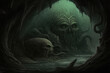 Cthulhu with another monster in a dark cave, Generative AI