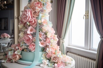 Canvas Print - beautiful wedding cake with a cascade of delicate pastel flowers and ribbons, created with generative ai