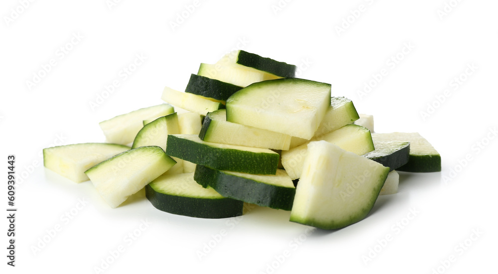 Slices of fresh green zucchini on white background