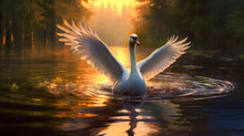Swan With Outstretched Wings In A Lake At Dawn, Painting, Celtic. Generative AI