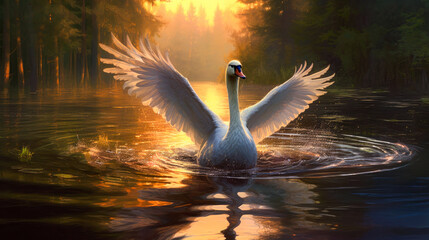 Swan with outstretched wings in a lake at dawn, painting, Celtic. Generative AI