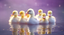 Baby Ducklings  In The Water. Little Birds Swimming. Nestlings Bathing In The Nature. Generative AI. 