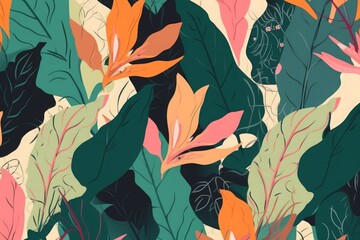 Wall Mural - Jungle plants illustration pattern. Creative collage contemporary floral seamless pattern. Fashionable template for design, Generative AI