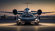 Airplane At The Airport Luxury As A Supercar And Private Jet Grace A Landing Strip, Ready To Embark On A Seamless Journey. The Supercar's Powerful Engine And The Private Jet's Generative AI