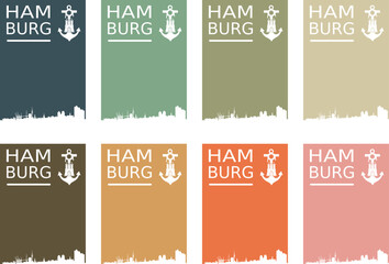 Vektor Karten Set mit Skyline Hamburg - Text und Symbol, Wappen und Anker