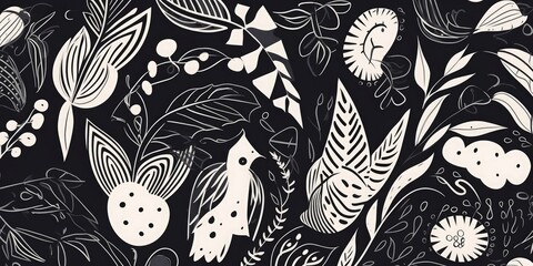 Wall Mural - Botanical hand drawn mixed ethno style ornament pattern with birds. Abstract trendy monochrome print. Fashionable template for your design, Generative AI