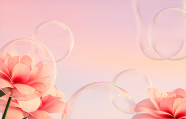 Poster - Beautiful red rose flower and soap bubbles on evening sky background. 3d rendering