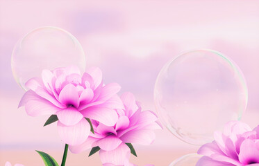 Aufkleber - Beautiful pink rose flower and soap bubbles on dreamy sky background. 3d rendering