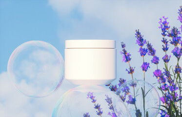 Aufkleber - Cosmetic cream jar on a background of lavender flowers and soap bubbles. 3d rendering