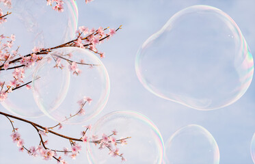 Poster - Beautiful sakura blossoms flower and soap bubbles on blue sky background. 3d rendering