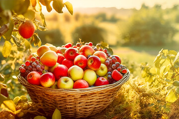 Wall Mural - Organic local fruits in basket in summer grass on blurred rural landscape. Fresh grapes, pears and apples in nature. Fruit farm. Сoncept of a rich harvest. Generative ai