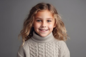 Portrait of a smiling little girl in a sweater on a gray background