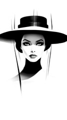 Wall Mural - A black and white photo of a woman wearing a hat. Generative AI.