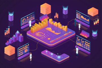 Aufkleber - Digital data technology. Isometric 3D infographics. Dashboard analysis and business process. Web database and people. Searching solution. Cubes and statistic charts. Vector background