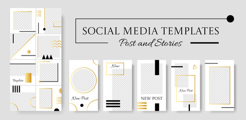 Fototapete - Instagram post templates. Social media layouts with transparent grid. IG highlights. Golden geometric shapes. Circles and squares. Puzzle and story frames set. Vector design background