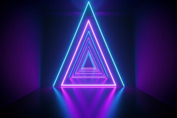 Wall Mural - 3d render, neon light triangle, virtual reality, triangular esoteric portal, tunnel, corridor, ultraviolet abstract background, laser show stage, fashion catwalk podium, floor, Generative AI