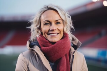 portrait of smiling woman in winter coat and red scarf on football stadium