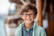 Portrait of smiling boy wearing eyeglasses against ship on pier